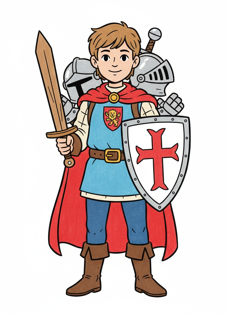 Squire Tom the Knight Trainee in Classic Coloring Book - Full Colored Illustration