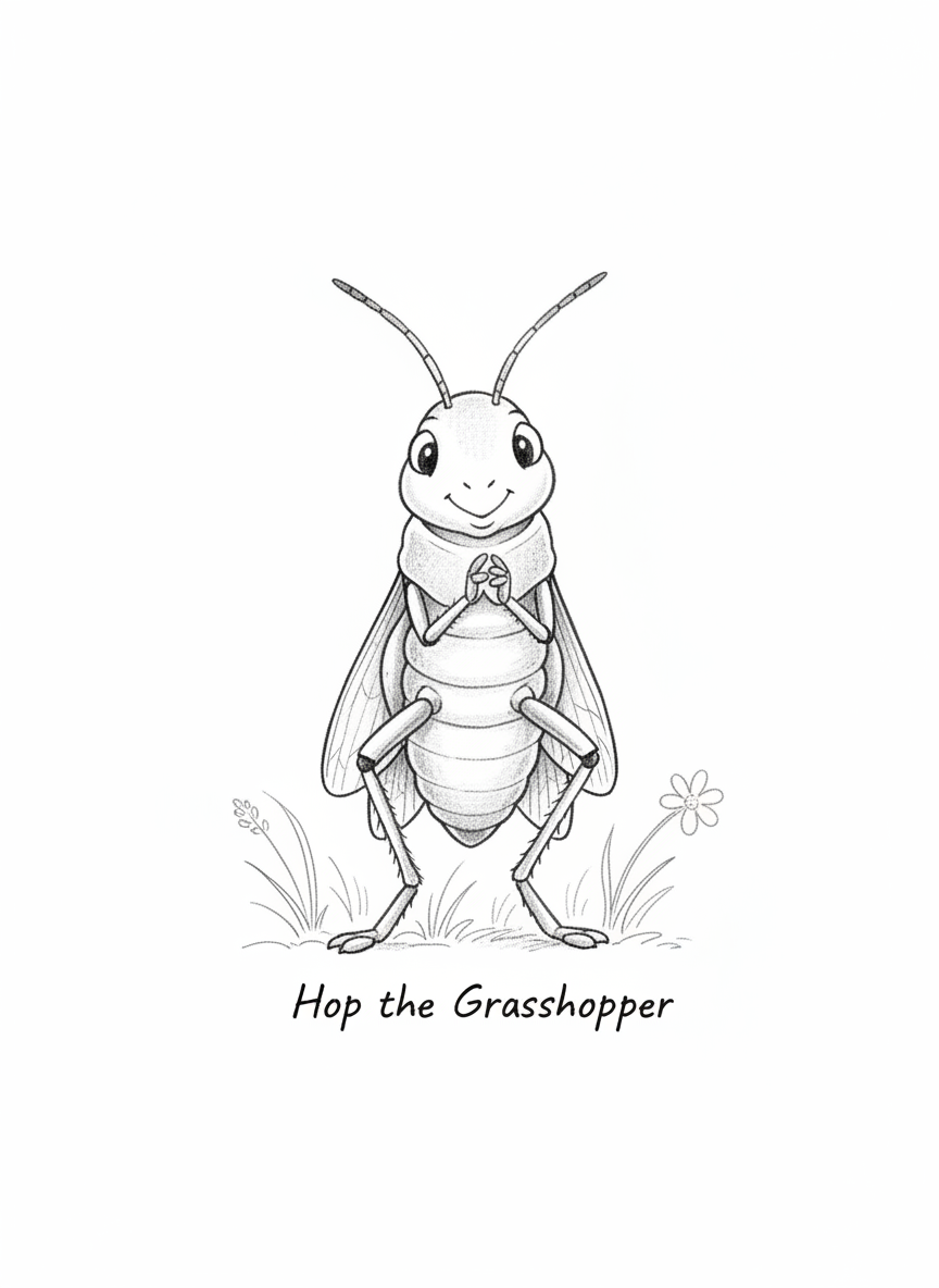 Hop the Grasshopper - Black & White Illustration