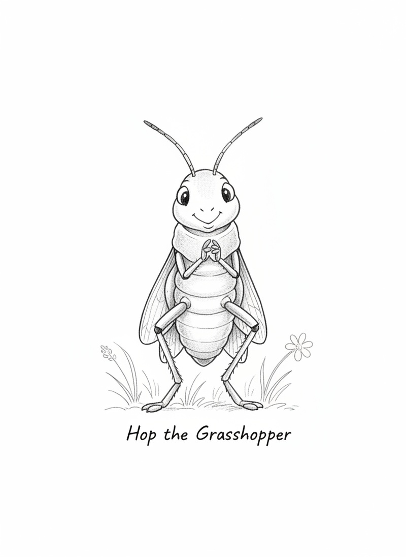 Hop the Grasshopper in Gentle Pencil - Black & White Illustration