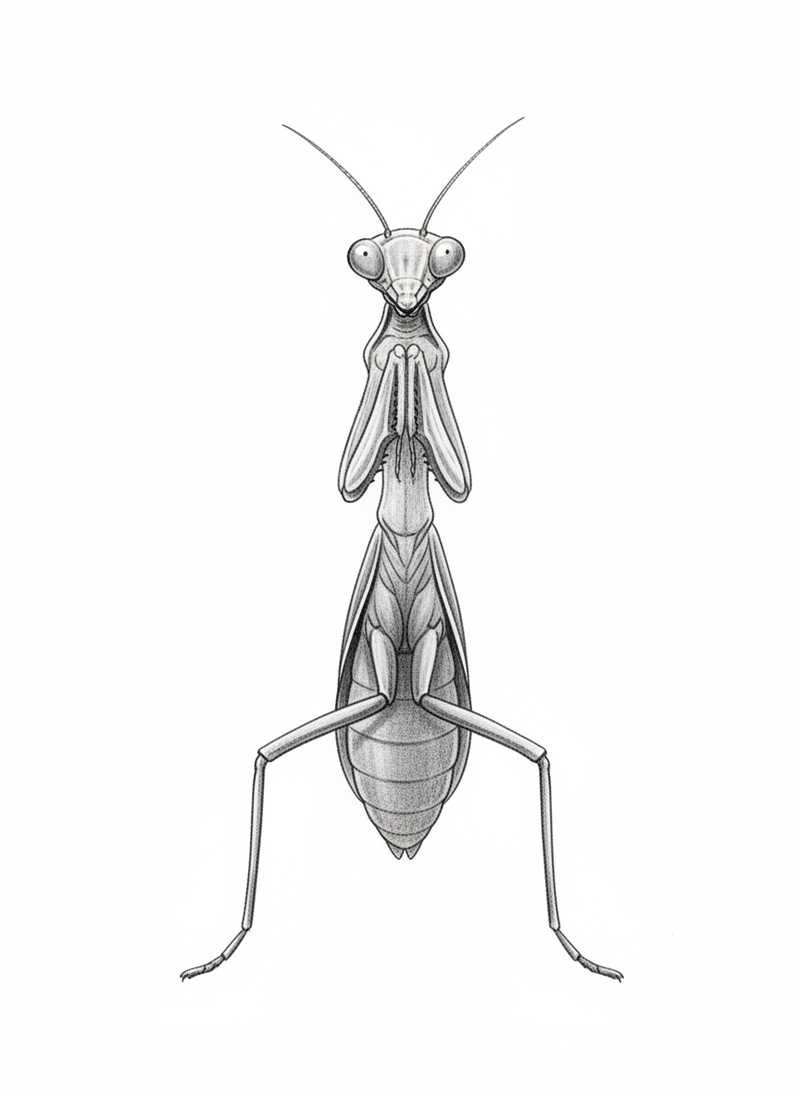 Praying the Mantis in Gentle Pencil - Black & White Illustration