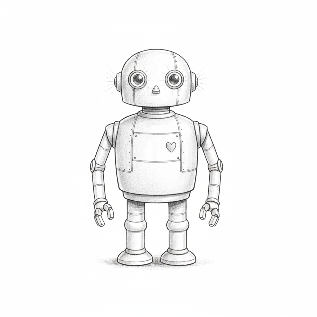 Sparky the Robot Helper - Black & White Illustration