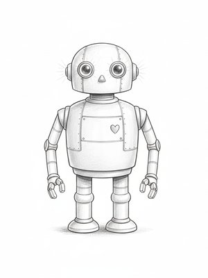 Sparky the Robot Helper in Gentle Pencil - Black & White Illustration