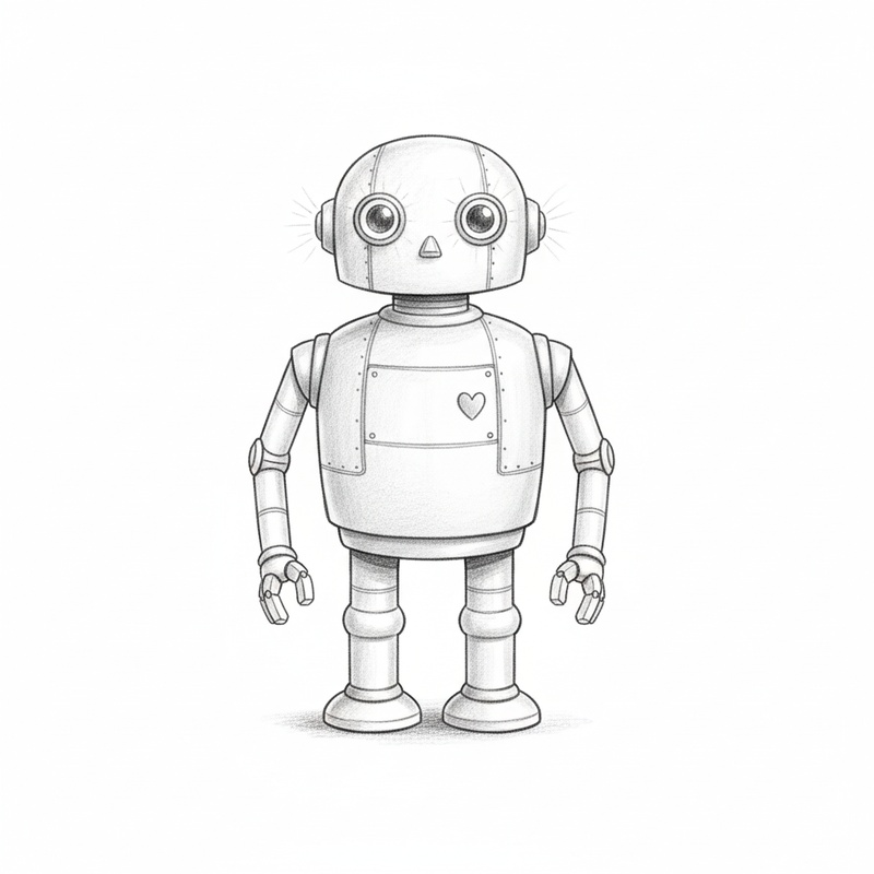 Sparky the Robot Helper in Gentle Pencil - Black & White Illustration