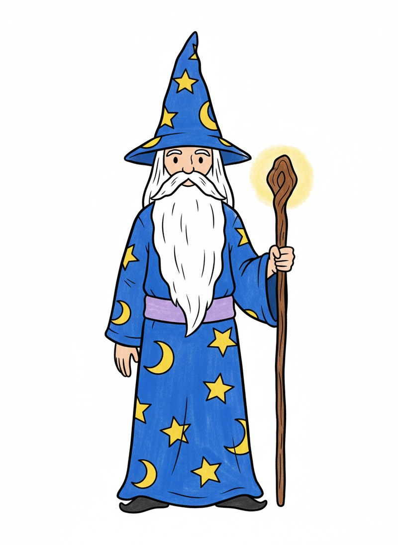 Merlin the Wise Wizard in Classic Coloring Book - Full Colored Illustration