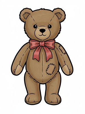 Vintage Teddy Bear with Red Bow in Classic Coloring Book - Full Colored Illustration