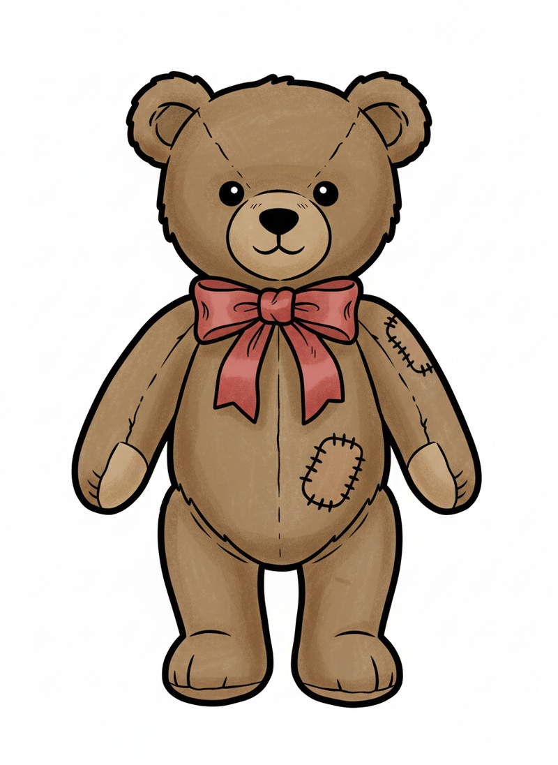 Vintage Teddy Bear with Red Bow in Classic Coloring Book - Full Colored Illustration