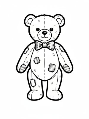 Vintage Teddy Bear with Red Bow in Classic Coloring Book - Black & White Illustration