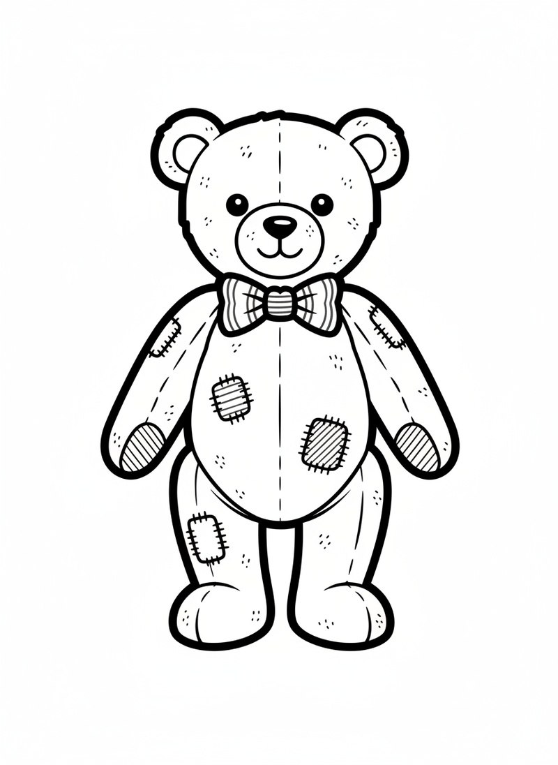 Vintage Teddy Bear with Red Bow in Classic Coloring Book - Black & White Illustration