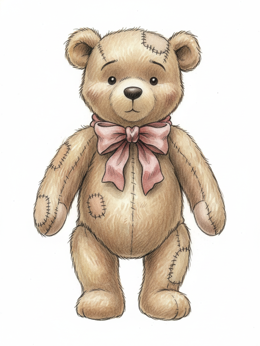 Vintage Teddy Bear with Red Bow - Full Colored Illustration