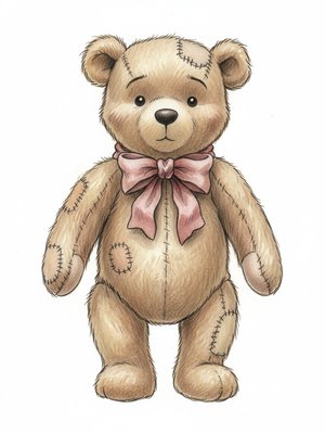 Vintage Teddy Bear with Red Bow in Gentle Pencil - Full Colored Illustration