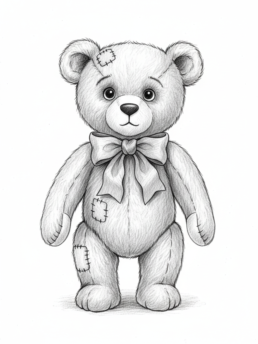 Vintage Teddy Bear with Red Bow - Black & White Illustration