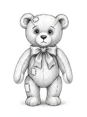 Vintage Teddy Bear with Red Bow in Gentle Pencil - Black & White Illustration