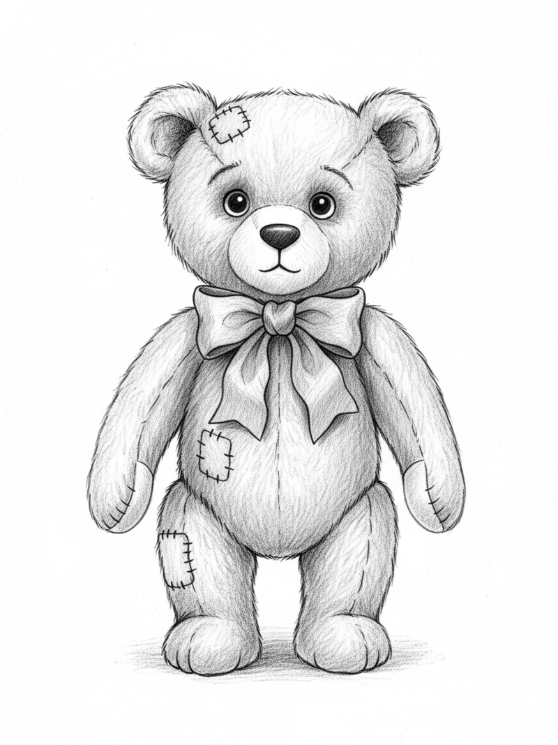 Vintage Teddy Bear with Red Bow in Gentle Pencil - Black & White Illustration