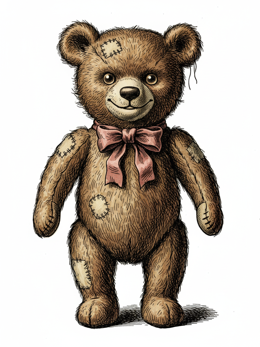 Vintage Teddy Bear with Red Bow - Full Colored Illustration