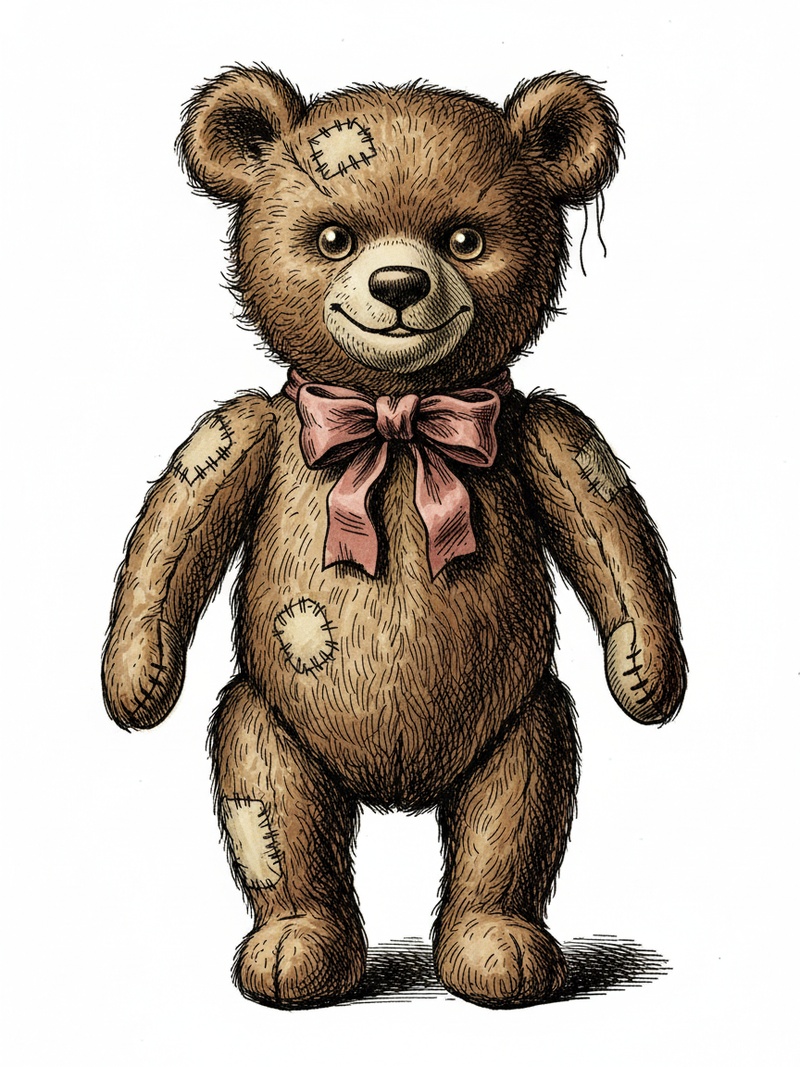 Vintage Teddy Bear with Red Bow in Victorian Illustration - Full Colored Illustration