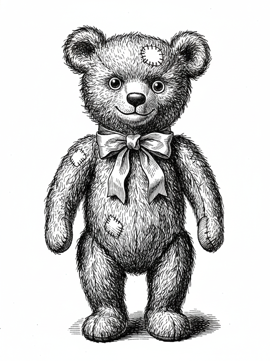 Vintage Teddy Bear with Red Bow - Black & White Illustration