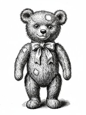 Vintage Teddy Bear with Red Bow in Victorian Illustration - Black & White Illustration