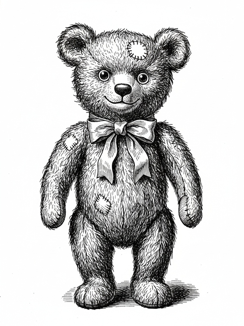 Vintage Teddy Bear with Red Bow in Victorian Illustration - Black & White Illustration