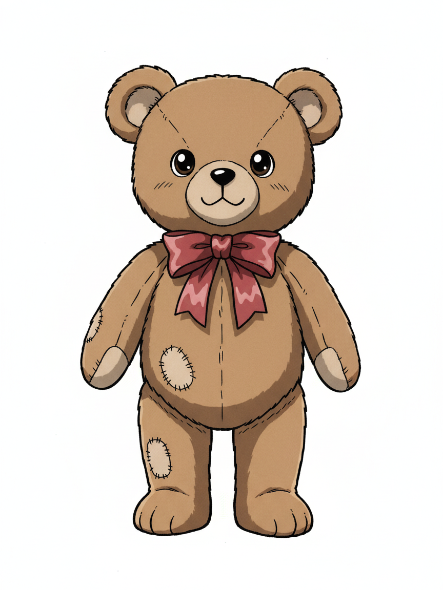 Vintage Teddy Bear with Red Bow - Full Colored Illustration