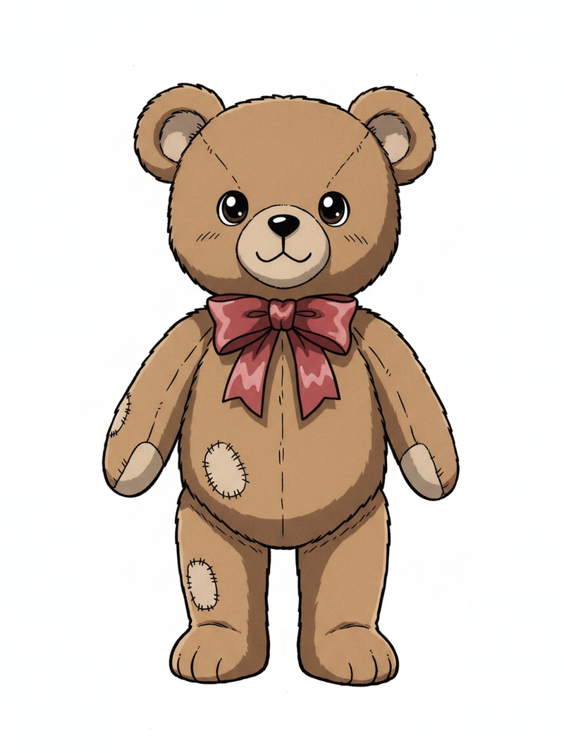 Vintage Teddy Bear with Red Bow in Classic Anime - Full Colored Illustration