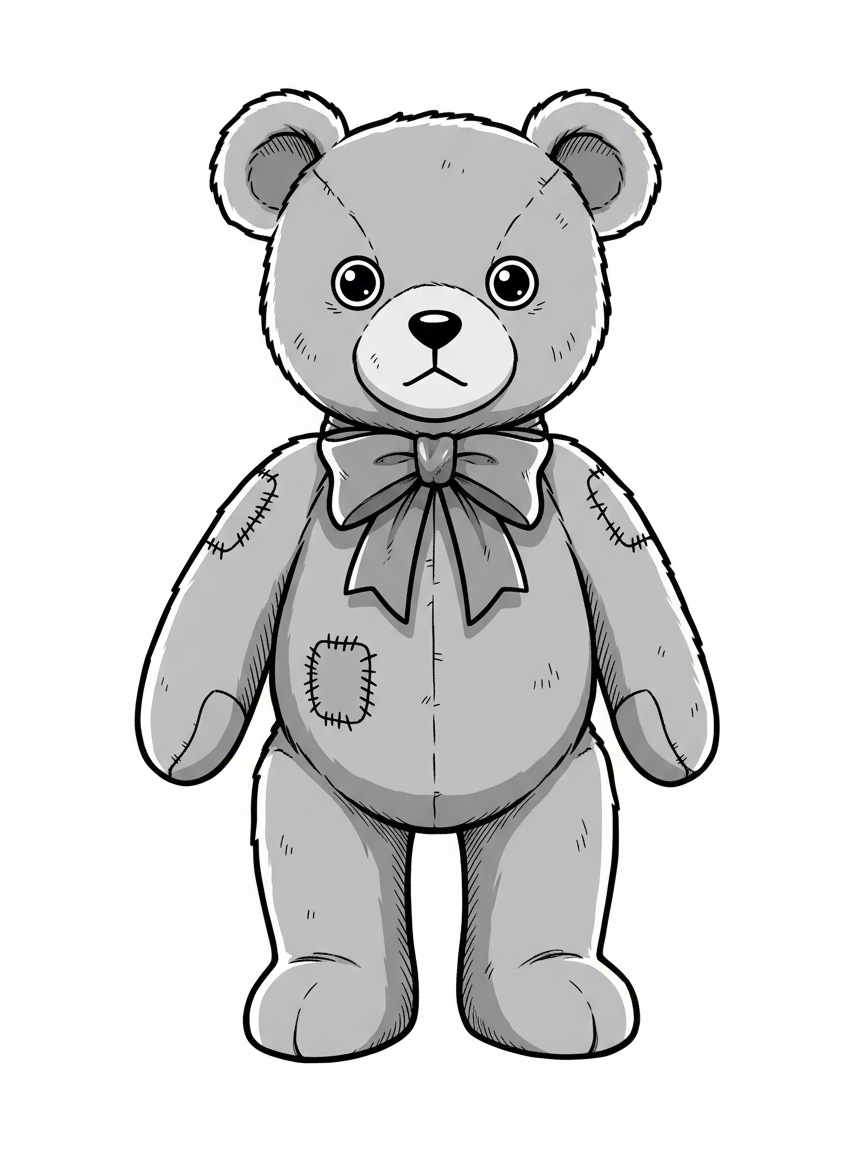 Vintage Teddy Bear with Red Bow - Black & White Illustration
