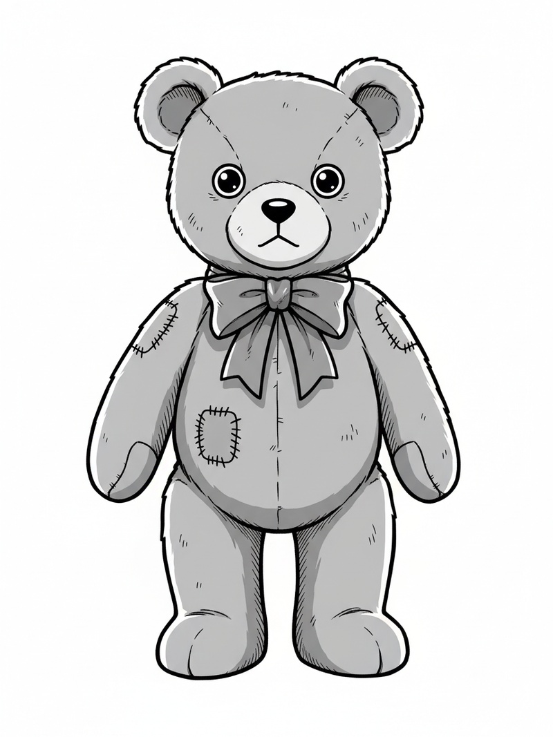 Vintage Teddy Bear with Red Bow in Classic Anime - Black & White Illustration