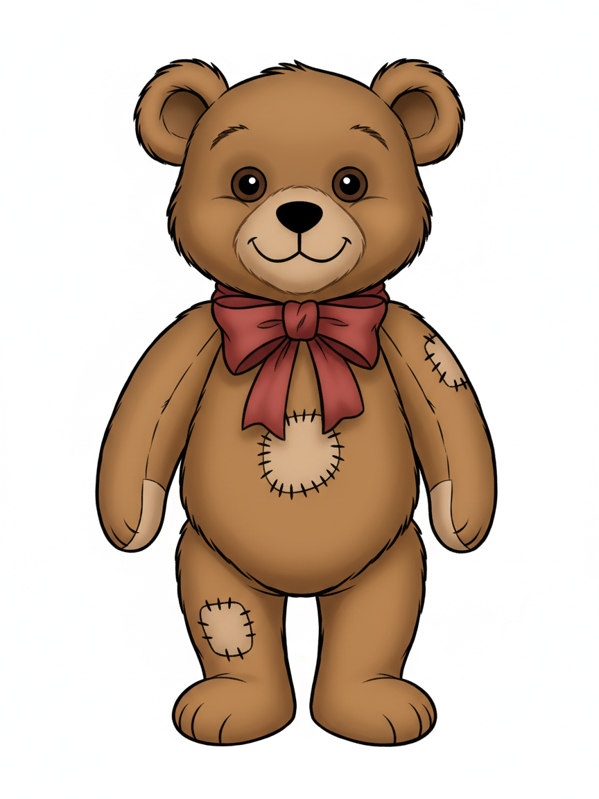 Vintage Teddy Bear with Red Bow - Full Colored Illustration