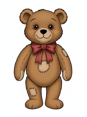 Vintage Teddy Bear with Red Bow in Golden Age Animation - Full Colored Illustration