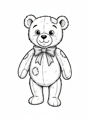 Vintage Teddy Bear with Red Bow in Golden Age Animation - Black & White Illustration