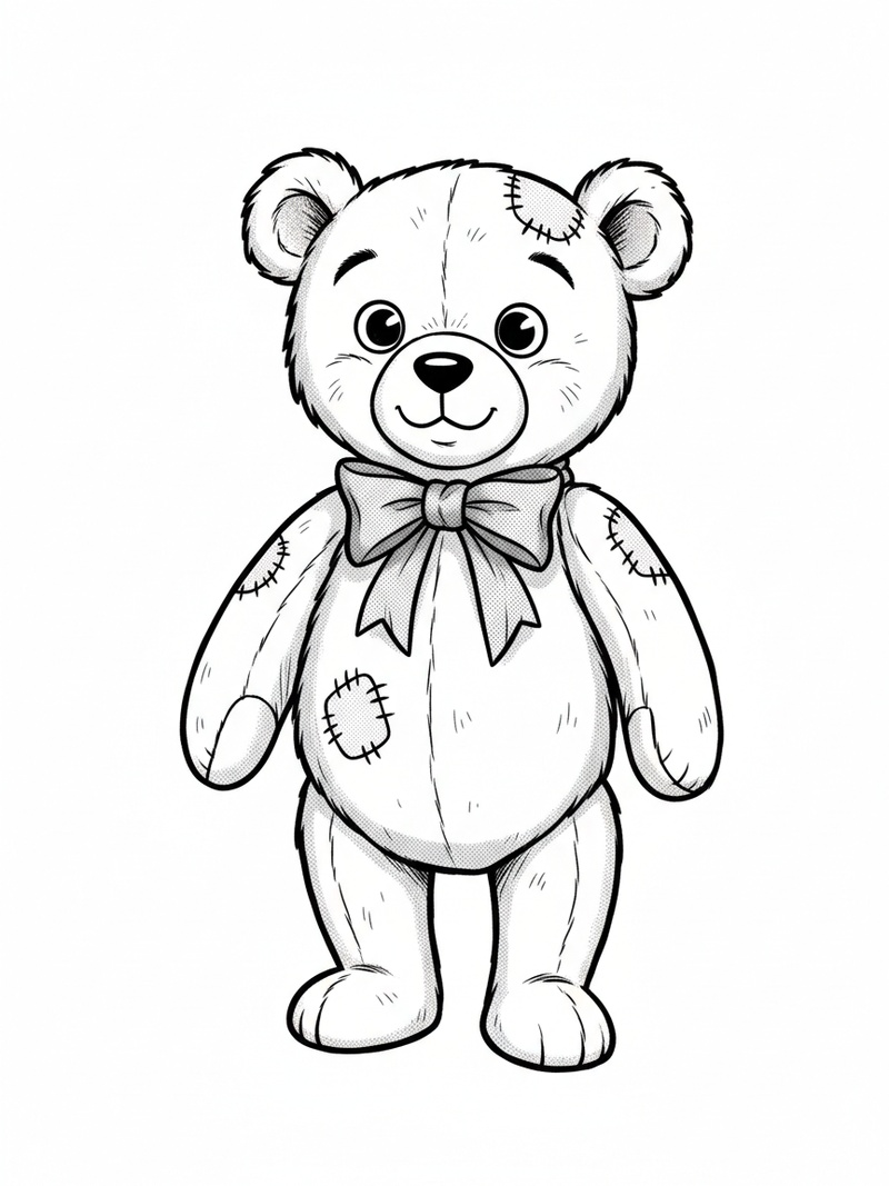 Vintage Teddy Bear with Red Bow in Golden Age Animation - Black & White Illustration