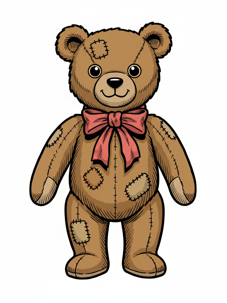 Vintage Teddy Bear with Red Bow - Full Colored Illustration