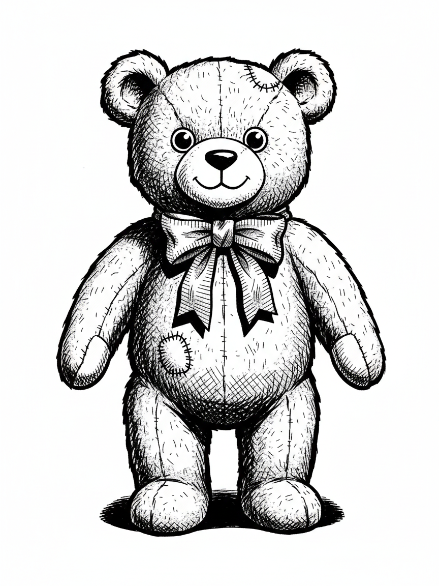 Vintage Teddy Bear with Red Bow - Black & White Illustration