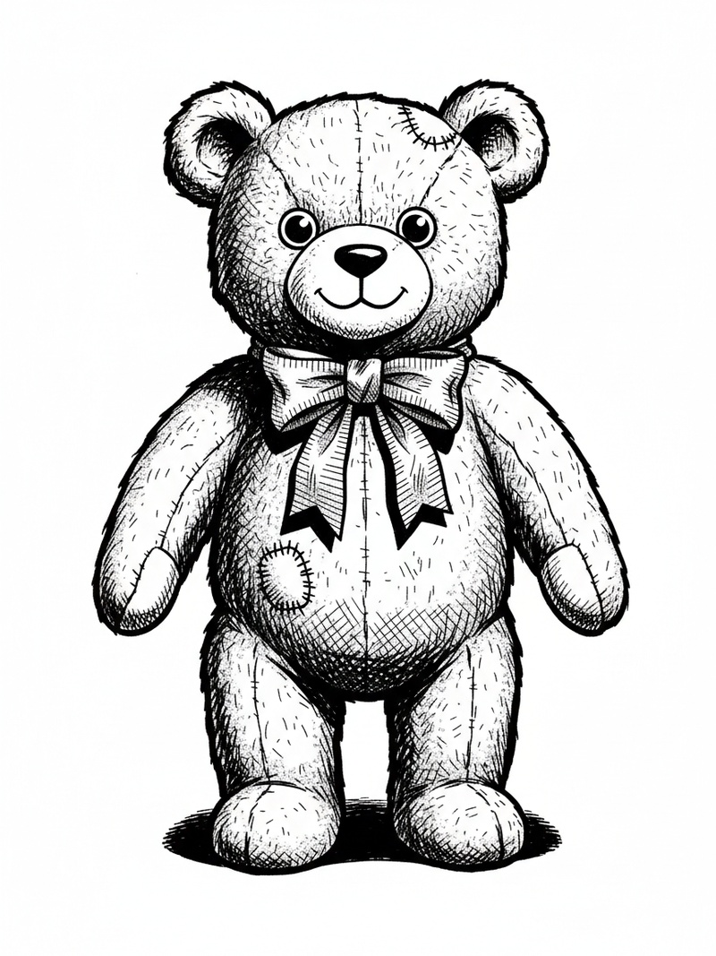 Vintage Teddy Bear with Red Bow in Comic Book - Black & White Illustration