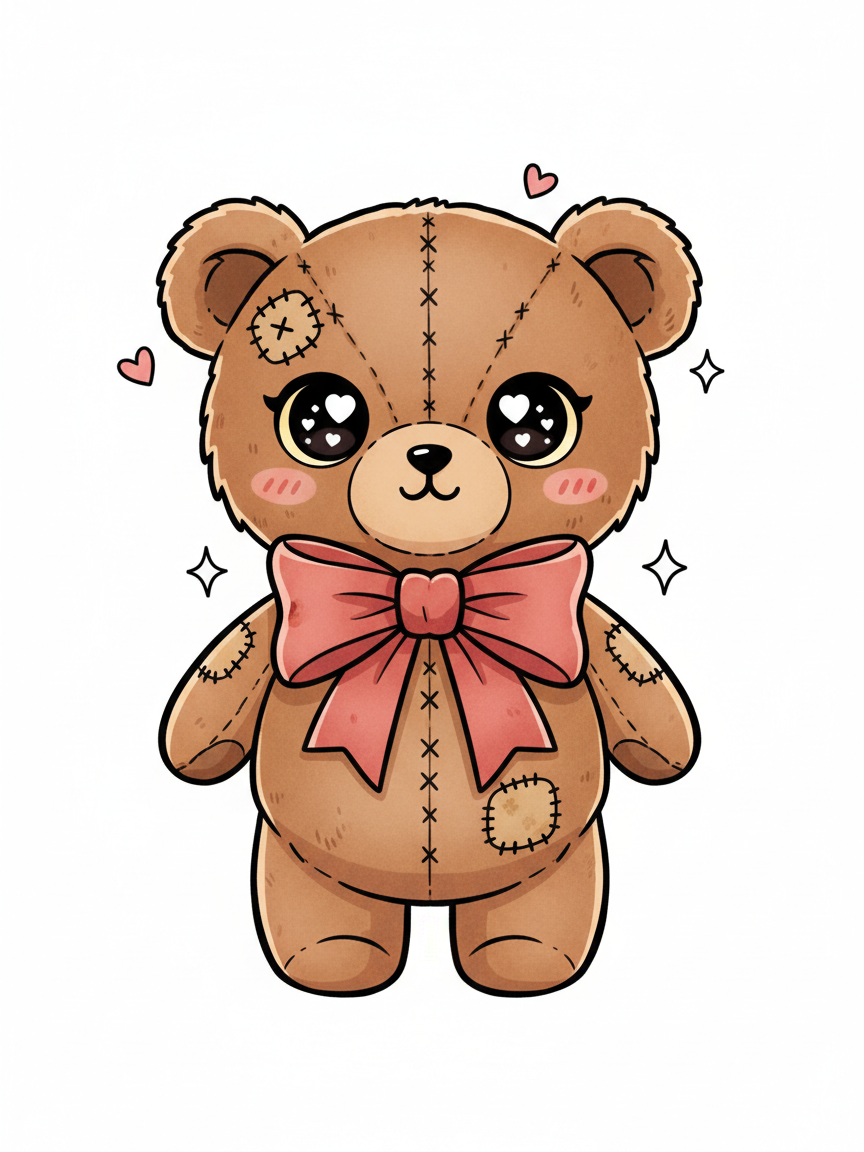 Vintage Teddy Bear with Red Bow - Full Colored Illustration