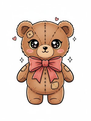 Vintage Teddy Bear with Red Bow in Kawaii Cute - Full Colored Illustration