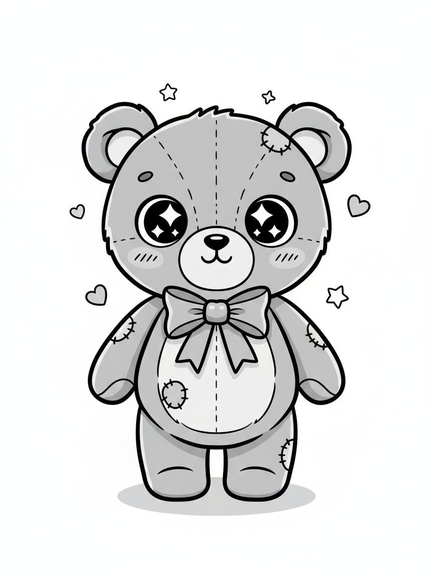 Vintage Teddy Bear with Red Bow - Black & White Illustration