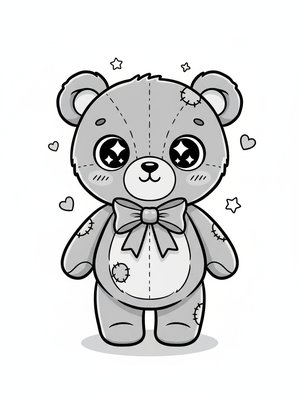 Vintage Teddy Bear with Red Bow in Kawaii Cute - Black & White Illustration