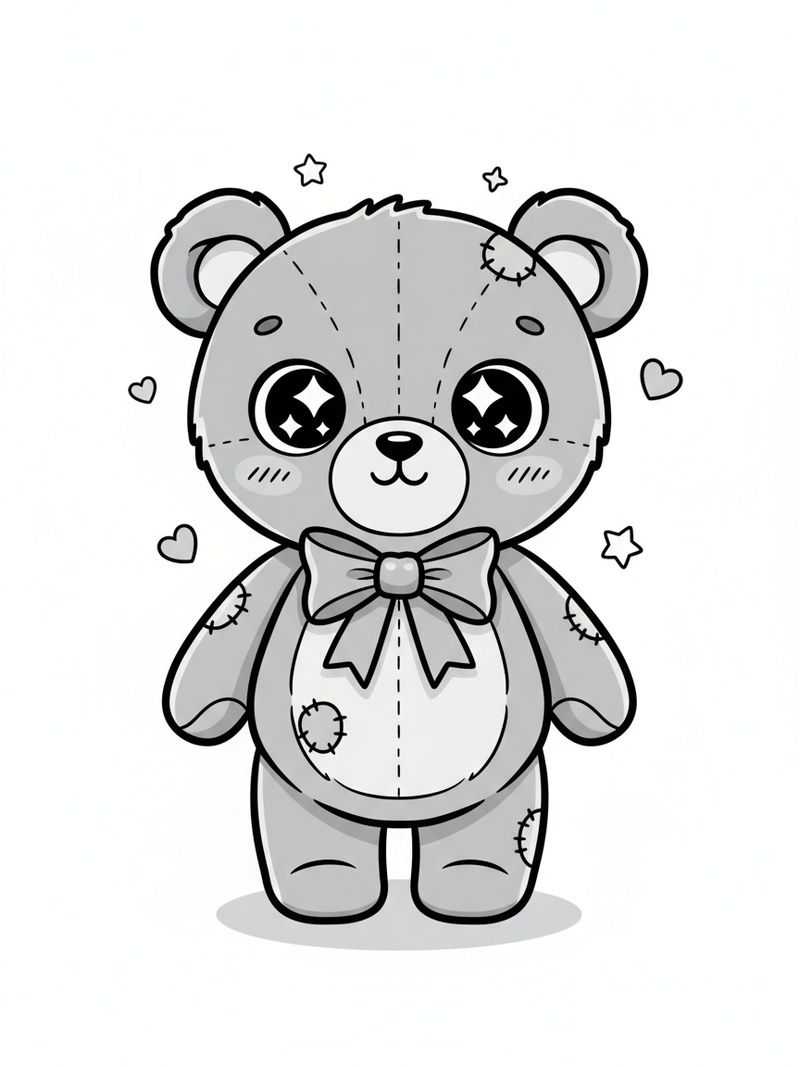 Vintage Teddy Bear with Red Bow in Kawaii Cute - Black & White Illustration