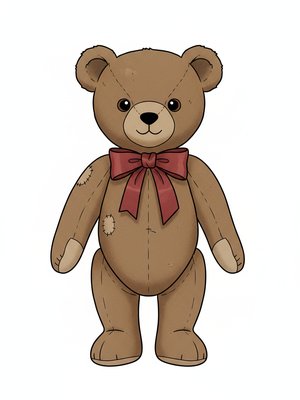 Vintage Teddy Bear with Red Bow in Minimalist - Full Colored Illustration