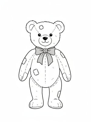 Vintage Teddy Bear with Red Bow in Minimalist - Black & White Illustration