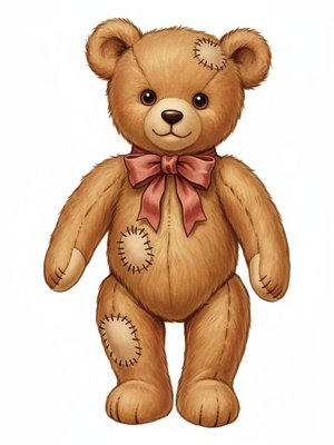 Vintage Teddy Bear with Red Bow in Vintage Storybook