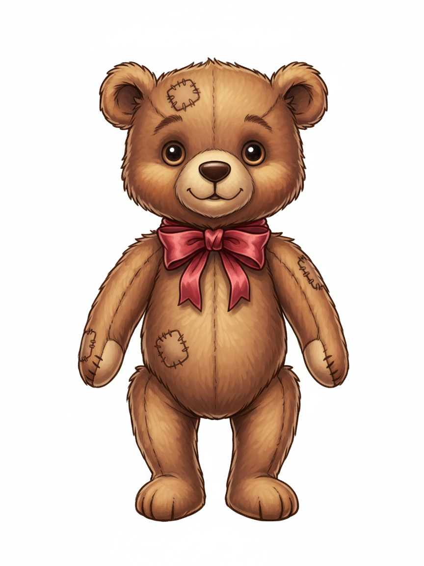 Vintage Teddy Bear with Red Bow - Full Colored Illustration