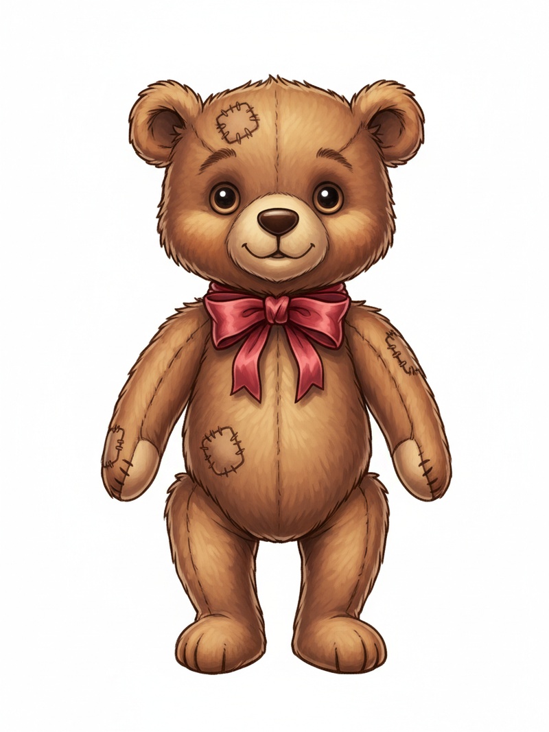 Vintage Teddy Bear with Red Bow in Fairy Tale Classic - Full Colored Illustration