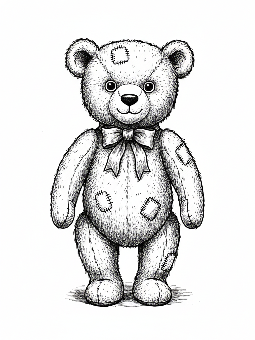 Vintage Teddy Bear with Red Bow - Black & White Illustration