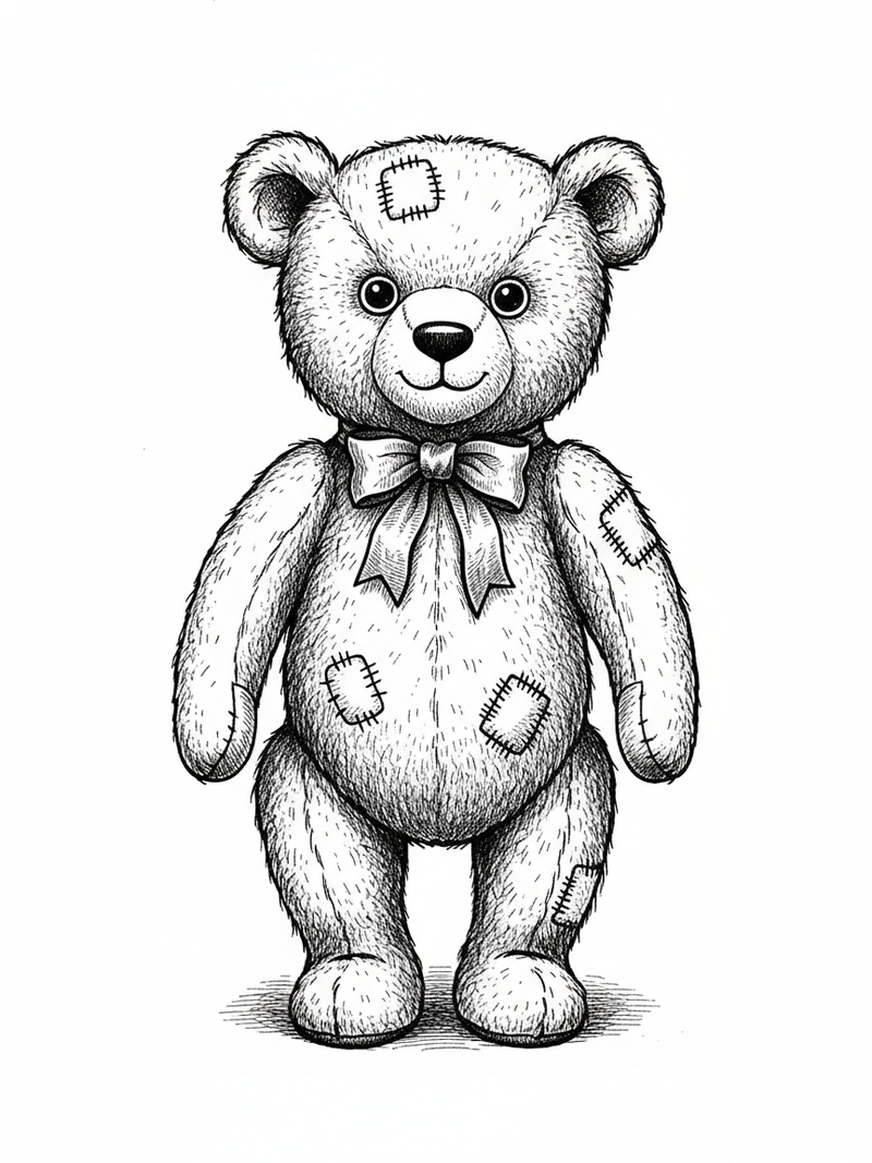 Vintage Teddy Bear with Red Bow in Fairy Tale Classic - Black & White Illustration