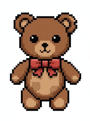 Vintage Teddy Bear with Red Bow in Pixel Art - Full Colored Illustration