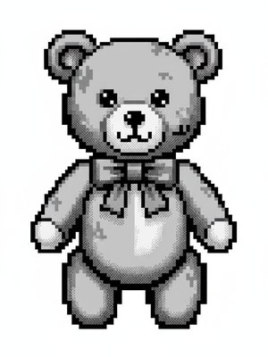 Vintage Teddy Bear with Red Bow in Pixel Art - Black & White Illustration
