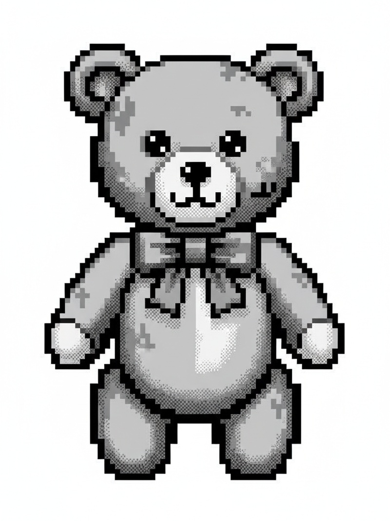 Vintage Teddy Bear with Red Bow in Pixel Art - Black & White Illustration