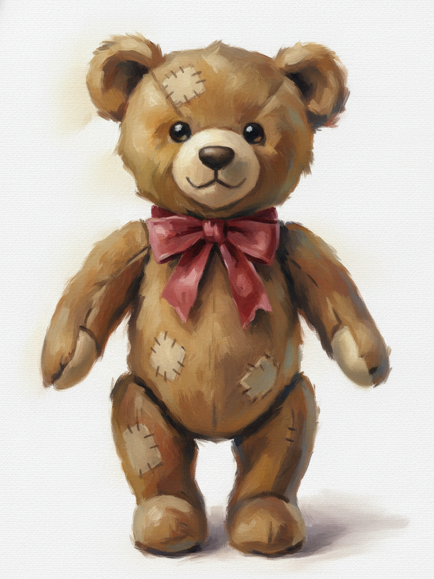 Vintage Teddy Bear with Red Bow - Full Colored Illustration