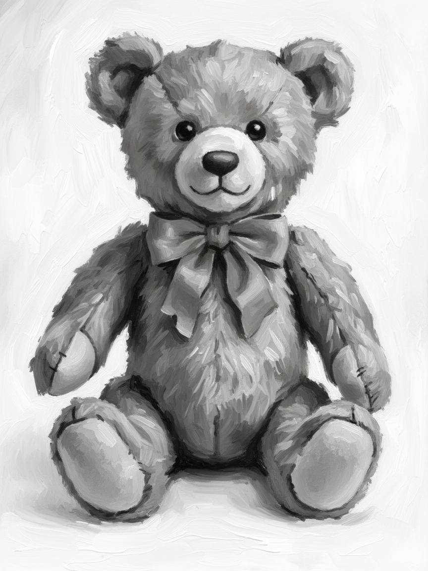 Vintage Teddy Bear with Red Bow - Black & White Illustration